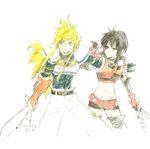  1boy 1girl armor belt black_eyes black_hair blonde_hair blue_eyes couple gloves long_hair midriff navel pants rutee_katrea rutee_katret short_hair short_shorts shorts stahn_aileron sword tales_of_(series) tales_of_destiny weapon 