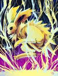  bad_deviantart_id bad_id blue_background commentary creature electricity full_body gen_1_pokemon glitchedpuppet gradient gradient_background highres huge_filesize jolteon jumping no_humans pokemon pokemon_(creature) profile purple_background rain signature solo 