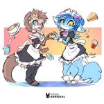  2girls cafe coffee coffee_mug cup derideal doughnut food furry furry_female gradient_background hair_ornament hairclip highres kiaun laura_(derideal) looking_at_viewer maid mix_(derideal) mug multiple_girls official_alternate_costume official_art patreon_username sandwich simple_background smile sugar_cube teacup teapot thighhighs 