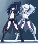  2girls 32zzz black_bra black_footwear black_gloves black_hair black_hoodie black_rock_shooter black_rock_shooter_(character) black_shorts blue_eyes boots bra flat_chest gloves grey_hair hair_between_eyes highres hood hood_down hoodie kamen_rider kamen_rider_black kamen_rider_black_(series) kingstone long_hair long_sleeves multiple_girls navel open_clothes open_hoodie rider_belt shadow_moon short_shorts shorts twintails underwear uneven_twintails white_footwear white_hair white_hoodie white_rock_shooter 