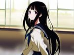  black_hair blush chitanda_eru highres hyouka long_hair looking_at_viewer purple_eyes sakayama_shinta school_uniform serafuku skirt smile solo 