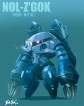  artist_name blue_background claws glowing glowing_eye gundam long_arms mecha mobile_suit mobile_suit_gundam no_humans one-eyed redesign robot shisui standing thrusters z&#039;gok 