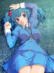  blue_eyes blue_hair blush breasts bug_(artist) hair_bobbles hair_ornament kawashiro_nitori large_breasts lying no_hat no_headwear on_back open_mouth short_hair skirt skirt_set solo touhou two_side_up water wet wet_clothes 