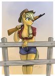  anthro anthrofied applejack_(mlp) blonde_hair breasts cleavage cloth clothed clothing cowboy_hat crop_top equine female fence freckles friendship_is_magic green_eyes gun hair hairband hat horse lemon-devil lemon_devil long_hair mammal my_little_pony pony pubes ranged_weapon shirt short shorts shotgun solo unzipped weapon 