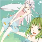  blue_eyes braid dress fish green_eyes green_hair gumi hiiro ia_(vocaloid) long_hair looking_at_viewer multiple_girls one_eye_closed open_mouth short_hair smile twin_braids underwater vocaloid whale 