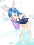  animal_ears barefoot blue_eyes blue_hair bunny_ears elin_(tera) innertube leaning_forward long_hair one-piece_swimsuit renk0n school_swimsuit solo swimsuit tera_online 