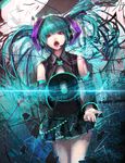  aqua_hair bad_id bad_pixiv_id bare_shoulders detached_sleeves hatsune_miku headset jname long_hair megaphone open_mouth red_eyes skirt solo twintails vocaloid 