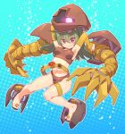  1girl air_bubble armpits arms_behind_head arms_up belt bikini blue_background bra breasts brown_bikini brown_bra brown_panties bubble claws elbow_gloves feet full_body gloves glowing glowing_eye gogg grey_hair gundam long_arms long_hair looking_at_viewer mecha mecha_musume mechanical_arms midriff mobile_suit_gundam navel one-eyed panties red_eyes robot smile susagane swimsuit thigh_strap underwear 