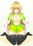  bad_id bad_pixiv_id black_legwear blonde_hair blush breasts center_opening fate/zero fate_(series) genderswap genderswap_(mtf) gilgamesh haine_(howling) large_breasts long_hair no_shoes open_clothes open_shirt red_eyes shirt sitting t-shirt thighhighs wariza 