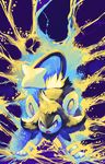  bad_deviantart_id bad_id commentary creature electricity full_body gen_4_pokemon glitchedpuppet highres looking_at_viewer luxio no_humans pokemon pokemon_(creature) purple_background signature solo 