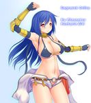  armpits asamura_hiori bare_shoulders blue_hair blush breasts cleavage collarbone fingerless_gloves gloves highres large_breasts long_hair mechanic_(ragnarok_online) midriff navel o-ring o-ring_bottom o-ring_top ragnarok_online red_eyes revealing_clothes shiny shiny_skin smile solo 