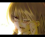  aritoki_ritsu backlighting blush brown_eyes brown_hair close-up crying face hair_tubes hakurei_reimu letterboxed lips one_eye_closed open_mouth portrait sepia solo tears touhou wiping_tears 