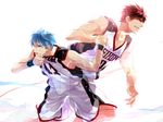  basketball basketball_uniform blue_eyes blue_hair fist_bump grin kagami_taiga kuroko_no_basuke kuroko_tetsuya male_focus matsuo_shin multiple_boys red_hair smile sportswear sweat 