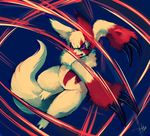  angry bad_deviantart_id bad_id blue_background claws commentary english_commentary false_swipe fangs full_body gen_3_pokemon glitchedpuppet highres jumping motion_lines no_humans pokemon pokemon_(creature) purple_eyes scowl signature simple_background zangoose 