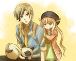  1boy 1girl animal blue_eyes brown_hair cat coat dress elle_mel_martha hat jewelry long_hair ludger_will_kresnik lulu_(tales) lulu_(tales_of_xillia_2) necklace necktie short_hair tales_of_(series) tales_of_xillia tales_of_xillia_2 twintails 