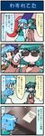  4koma :&lt; animal_ears artist_self-insert blue_hair brown_dress choujuu_gigaku comic dress green_hair grin heart heterochromia highres kasodani_kyouko mizuki_hitoshi multiple_girls open_mouth paper real_life_insert shirt short_hair skirt smile spoken_heart sunglasses sweat table tatara_kogasa thumbs_up touhou translated umbrella vest 