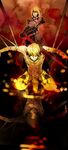  1girl 97ryo armor armored_dress artoria_pendragon_(all) blonde_hair bound dark_excalibur dress fate/stay_night fate/zero fate_(series) gauntlets gilgamesh jewelry necklace reflection saber_alter shirtless sword tied_up weapon yellow_eyes 