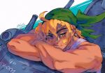  1girl absurdres ahoge artist_name bandana blonde_hair cheek_press green_bandana highres kasamoto_eri leaning leaning_forward lips looking_to_the_side metal_slug military_vehicle motor_vehicle muscular muscular_female relusionh short_hair simple_background solo sv001_(metal_slug) tank tank_top thick_eyebrows white_tank_top yellow_eyes 