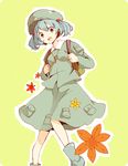  backpack bad_id bad_pixiv_id bag blue_eyes blue_hair flower green_background gumi. hair_bobbles hair_ornament hat kawashiro_nitori key open_mouth simple_background skirt solo touhou two_side_up 