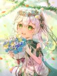  1girl :d bare_shoulders blue_flower blush bouquet bracelet commentary_request detached_sleeves dress flower flower_wreath genshin_impact gold_trim gradient_hair green_eyes green_hair green_sleeves hair_between_eyes hair_ornament head_wreath highres holding holding_bouquet jewelry kopi_(user_ajtn7422) leaf_hair_ornament long_hair looking_at_viewer multicolored_hair nahida_(genshin_impact) open_mouth pointy_ears red_flower side_ponytail sleeveless sleeveless_dress smile solo sunlight symbol-shaped_pupils upper_body white_dress white_hair yellow_flower 