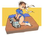  1girl absurdres boots bracelet breasts car china_dress chinese_clothes chun-li damaged double_bun dress giant giantess hair_bun hair_ribbon high_collar highres jewelry kneeling light_smile medium_breasts motor_vehicle muscular muscular_female okera palm_strike pantyhose pelvic_curtain ribbon simple_background sketch solo spiked_bracelet spikes street_fighter street_fighter_ii_(series) tile_floor tiles water 