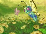  blue_skin bug butterfly butterfree collar fangs floral_background flying gen_1_pokemon geregere_(lantern) green green_background highres insect looking_at_viewer no_humans not_shiny_pokemon pink_skin pokemon pokemon_(anime) pokemon_(creature) 