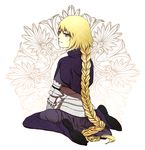  blonde_hair braid capelet dress fate/apocrypha fate/zero fate_(series) gauntlets headpiece jeanne_d'arc_(fate) jeanne_d'arc_(fate)_(all) long_hair purple_eyes purple_legwear reito6 single_braid sitting solo thighhighs very_long_hair wariza 