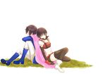  1boy 1girl black_hair boots breasts brother_and_sister cape choker elbow_gloves gloves leon_magnus midriff navel pants rutee_katrea shoes siblings sleeping tales_of_(series) tales_of_destiny thighhighs 