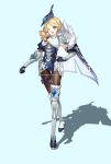  1girl ;d absurdres armor armored_boots black_pantyhose blonde_hair blue_background blue_cape blue_corset blue_eyes blue_hat blue_leotard boots cape commission corset crossed_legs drill_hair earrings flower full_body fur-trimmed_cape fur_trim gauntlets hand_on_own_hip hat hat_feather hat_flower highres hip_armor jewelry leotard long_hair looking_at_viewer making-of_available one_eye_closed original pantyhose pouch puffy_short_sleeves puffy_sleeves shadow short_sleeves shoulder_armor side_drill single_sleeve smile solo standing striped_clothes striped_pantyhose thigh_pouch tilted_headwear tricorne vertical-striped_clothes vertical-striped_pantyhose watermark watson_cross youzha_ligui 