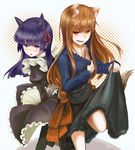  animal_ears blush brown_hair crossover dress fake_animal_ears fang gokou_ruri hair_ribbon holo long_hair maid mole mole_under_eye multiple_girls open_mouth ore_no_imouto_ga_konna_ni_kawaii_wake_ga_nai pantyhose pouch purple_eyes purple_hair red_eyes ribbon spice_and_wolf tail tmg wolf_ears wolf_tail 