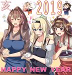  2019 5girls absurdres ahoge alternate_costume apron bare_shoulders black_apron blue_apron bowl brown_hair brown_sweater commentary_request cowboy_shot double_bun eating eyes_closed flower hair_flower hair_ornament hairband happy_new_year headgear highres japanese_clothes kantai_collection kimono kongou_(kantai_collection) long_hair mochi multiple_girls new_year obei_teitoku ponytail red_apron remodel_(kantai_collection) ribbed_sweater shigure_(kantai_collection) shirt simple_background sparkle spoon strap striped striped_shirt sweater warspite_(kantai_collection) white_background white_shirt white_sweater yamato_(kantai_collection) yuudachi_(kantai_collection) 