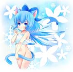  animal_ears bare_shoulders blue_eyes blue_hair bottomless bow cat_ears cat_tail cirno flower hair_bow heart kemonomimi_mode navel short_hair solo tail takamoto_akisa tank_top touhou wings 