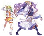  1girl boots character_name eyewear_on_head fan green_eyes green_hair gumi kamui_gakupo long_hair midriff one_eye_closed ponytail purple_hair short_hair simple_background skirt smile thigh_strap very_long_hair vocaloid yamako_(state_of_children) 