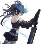  1girl baronilu belt black_choker black_hair black_rock_shooter black_rock_shooter_(character) black_rock_shooter_beast black_skirt blue_crown blue_eyes blue_fire choker crown fire flaming_eye floating_crown highres huge_weapon long_hair skeletal_hand skirt solo twintails uneven_twintails weapon white_background 