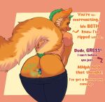 anthro anus anus_only bedroom_eyes blue_anus bottomwear bottomwear_down butt canid canine canis casey_(dmb) chekrep102 clothed clothing dialogue english_text fart fluffy fluffy_tail fur hybrid male mammal mephitid narrowed_eyes orange_body orange_fur pants pants_down partially_clothed presenting presenting_anus raised_tail seductive skunk slim smelly solo tail text wolf