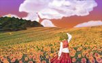  arm_up black_bitou cloud dress_shirt flower forest from_behind garden_of_the_sun green_hair horizon kazami_yuuka landscape long_sleeves nature petals plaid plaid_skirt plaid_vest shirt short_hair skirt sky solo sunflower touhou vest wind 