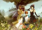  3girls avalon_(fate/stay_night) black_eyes black_hair bob_cut brother_and_sister brown_eyes dress elbow_gloves emiya_shirou fate/stay_night fate/zero fate_(series) flower gloves hair_flower hair_ornament hisau_maiya illyasviel_von_einzbern irisviel_von_einzbern jeanex lily_(flower) long_hair mother_and_daughter mother_and_son multiple_girls raglan_sleeves red_eyes red_hair short_hair siblings silver_hair spider_lily tree white_hair younger 