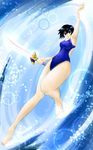  1girl black_hair breasts highres open_mouth purple_eyes rutee_katrea short_hair swimsuit sword tales_of_(series) tales_of_destiny water weapon 