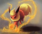  creature fire flareon full_body gen_1_pokemon grey_background no_humans pokemon pokemon_(creature) pyrokinesis realistic running shadow signature solo tiina 