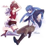  1girl blue_eyes blue_hair blue_scarf boots bracelet brown_eyes brown_hair character_name headphones jewelry kaito meiko nail_polish scarf short_hair shorts simple_background smile thigh_boots thighhighs vocaloid yamako_(state_of_children) 