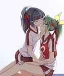  aoki_reika bandages blue_hair blush cheek_kiss closed_eyes eye_kiss green_eyes green_hair gym_shorts gym_uniform hair_ornament hair_ribbon hairclip injury jersey kiss kneeling midorikawa_nao misu_kasumi multiple_girls ponytail precure ribbon scrunchie shirt shorts sitting smile_precure! tears yuri 