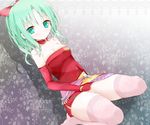  alternate_legwear bad_id bad_pixiv_id bare_shoulders covering covering_crotch detached_sleeves dress earrings final_fantasy final_fantasy_vi green_eyes green_hair highres jewelry long_hair oouso ponytail ribbon sitting solo thighhighs tina_branford 