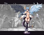  asymmetrical_wings blue_hair boots bow breasts choker detached_sleeves dizzy feathers guilty_gear hair_bow large_breasts long_hair navel only_haruka red_eyes ribbon solo tail thighhighs underboob wallpaper wings 