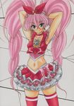 armpits arms_behind_head blue_eyes blush bow brooch choker crop_top cure_melody heart houjou_hibiki jewelry long_hair looking_at_viewer magical_girl midriff navel pink_bow pink_choker pink_hair pink_legwear precure shiny shiny_skin skindentation smile solo suite_precure thighhighs twintails yutakasan-love 