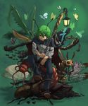 amayadori-tei androgynous antennae bee beetle bug butterfly cape centipede fly green_hair highres insect lantern moth pants red_eyes reverse_trap shirt short_hair sitting solo staff stag_beetle touhou wings wriggle_nightbug 