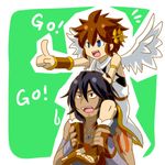  2boys age_difference angel black_hair blue_eyes brown_hair fluora kid_icarus kid_icarus_uprising lowres magnus multiple_boys nintendo pit pit_(kid_icarus) short_hair wings 