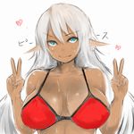  bad_id bad_pixiv_id bare_shoulders bikini blue_eyes breasts cleavage dark_skin double_v elf heart huge_breasts long_hair original pointy_ears red_bikini sideboob silver_hair smile solo soranona_(soranosuke) swimsuit v wet 