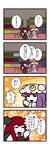  4koma :d bat_wings blush bookshelf chibi closed_eyes comic crescent dora_ita flying_sweatdrops happy hat head_wings highres koakuma long_hair multiple_girls open_mouth patchouli_knowledge purple_hair red_hair smile sparkle table touhou translated wings 