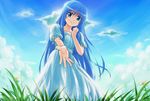  blue_eyes blue_hair cloud copyright_request day dress grass hand_on_own_chest hands light_smile long_hair pirano reaching sky solo very_long_hair 