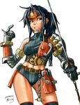  2008 angry armor asymmetrical_clothes bangs bare_shoulders belt black_eyes black_hair boyshorts breasts chain clenched_teeth contrapposto crop_top elbow_gloves fighting_stance forehead_protector foreshortening gauntlets gloves headband holding kuroobi_(armor) large_breasts long_hair looking_away midriff monster_hunter navel nekoguchi pointing ponytail shirt shorts signature simple_background sketch sleeveless sleeveless_turtleneck solo spiked_knuckles spikes standing sword taut_clothes taut_shirt teeth thighhighs thighs turtleneck weapon 